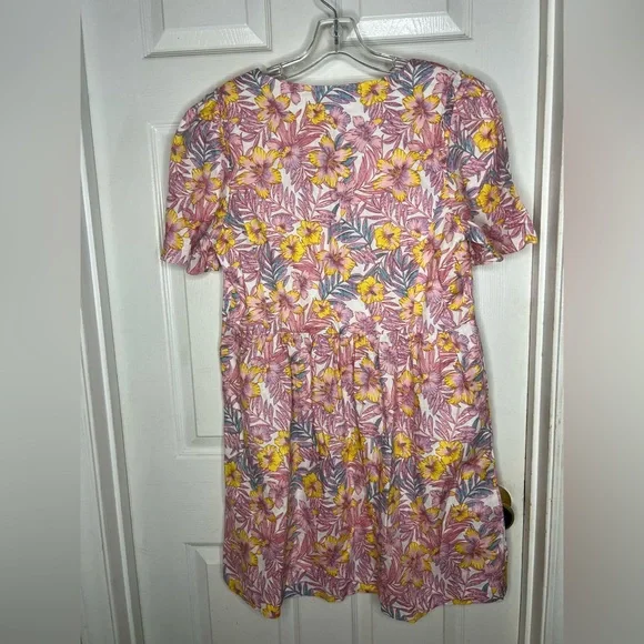 draper james Square Neck Button Boho Linen Floral Pink Womens Mini Dress Size 12 - Picture 7 of 10